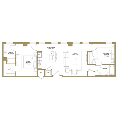 Floor plan for 2 beds, 2 baths, 970 sqft